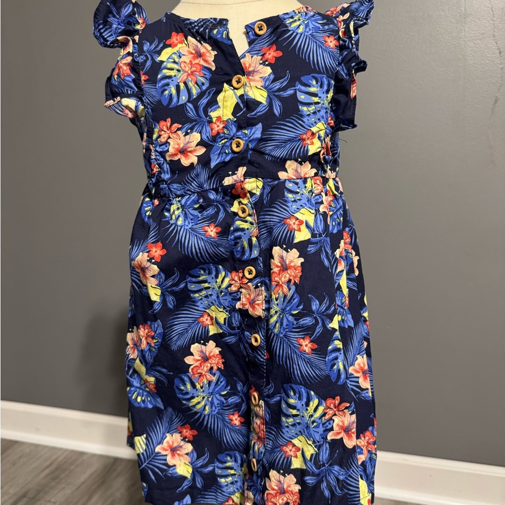 Tropical Floral Kids Dress with Ruffle Sleeves